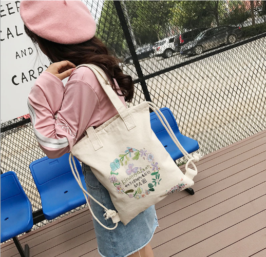 束口双肩背帆布袋 定制印logo购物袋 可折叠帆布手提袋 肩背手提