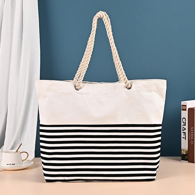 粗棉绳手提条纹帆布袋定制批发 沙滩旅行棉布袋定做